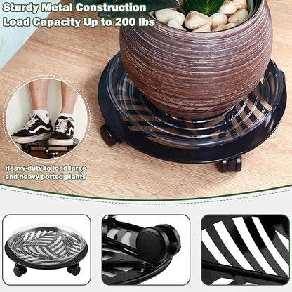 1 Packs Large Metal Plant Caddy with PU Wheels 13" Heavy-Duty Wrought Iron Rolling Plant Stands Indoor Outdoor Wheeled Plant Dolly Planter Mover Rollers Plant, Leaf Style
