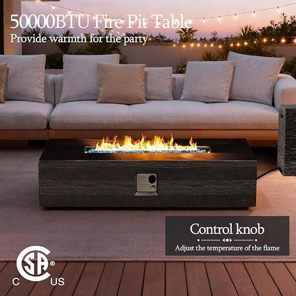 UPHA 56-inch Outdoor Propane Gas Fire Pit Table 50000 BTU Concrete Round FirePit for Outside Patio with Propane Tank Cover, Blue Glass Rocks, Rain Cover, Grey Texture