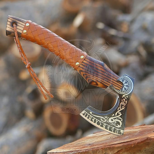 SHINY CRAFTS®- Custom Viking Hatchet – Rustic Gift for Men Handmade Axe for Camping, Groomsmen, Retirement, or Outdoor Enthusiasts (SCA-06)