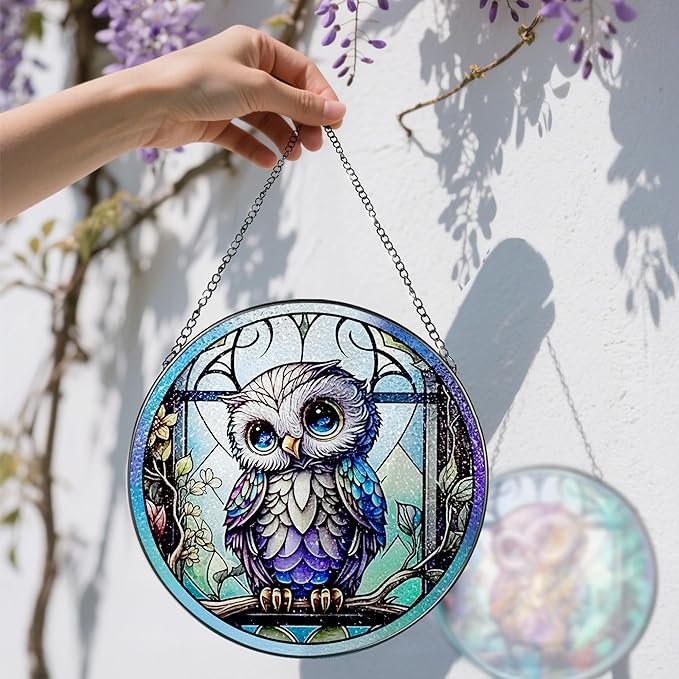 8 Inch Stained Glass Suncatcher Ornament, DOUHASU Owl Sun Catchers Indoor Window, Stained Glass Window Hanging, Home Decor, Owl Lovers Gifts for Women, Men, Friend, Relative