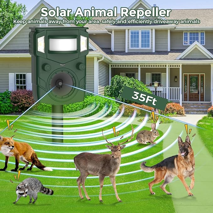 2025 Upgraded Solar Ultrasonic Animal Repellent Outdoor – Motion Activated Deer, Squirrel, Cat, Raccoon, Dog & Bird Ultrasonic Sweep for Yard, Garden, Farm, 2PC