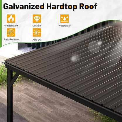 12x20FT Lean to Gazebo, Outdoor Hardtop Wall Mounted Gazebo with Gutter & Sloping Galvanized Steel Roof, Metal Hard Top Awnings for Deck, Porch, Backyard -Brown