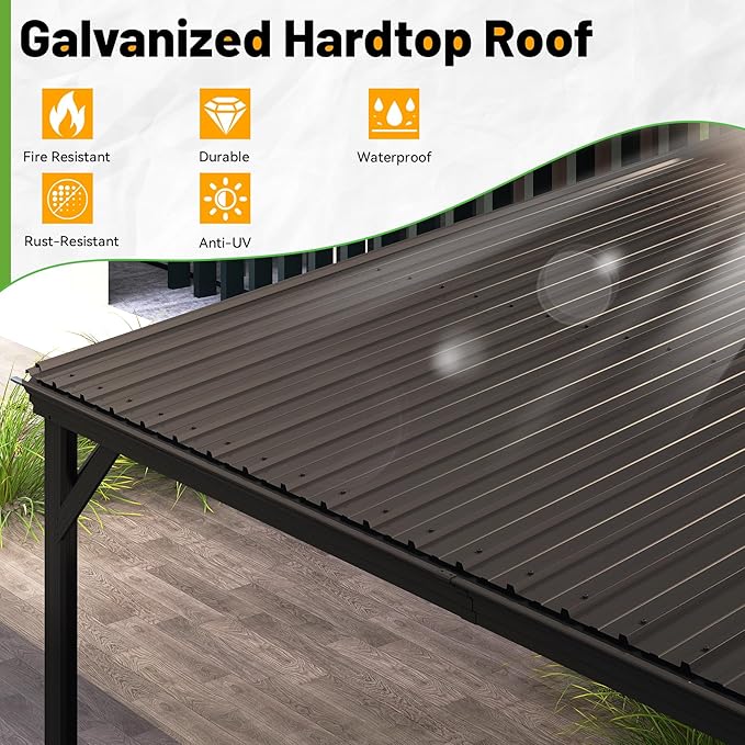 10x10FT Lean to Gazebo, Outdoor Hardtop Wall Mount Gazebo with Gutter & Sloping Galvanized Steel Roof, Metal Hard Top Awnings for Deck, Porch, Backyard- Brown
