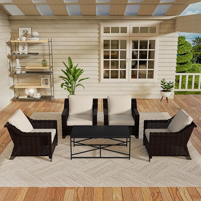Vista Vibe 5 Pieces Outdoor Rattan Patio Conversation Furniture Set - 4 Wicker Chairs | Steel Coffee Table, Premium & Washable Cushions, Living Room, Poolside (Brown/Beige)