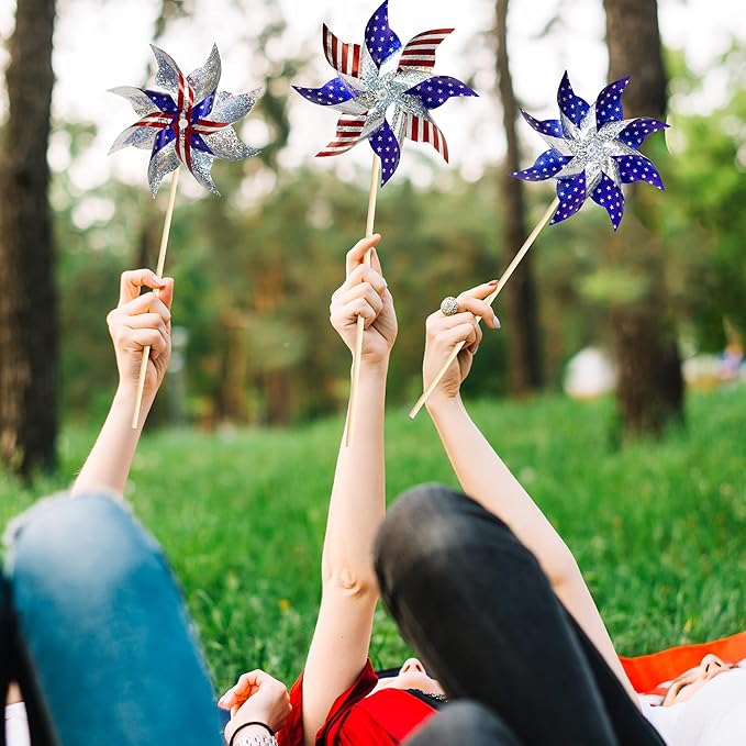HOOSUN 10 Pcs Patriotic Pinwheels for Yard and Garden,Patriotic Decorations American Flag Pinwheels to Scare Birds Away,Red White and Blue Decorations Reflective Wind Spinners,Veterans Day Decorations