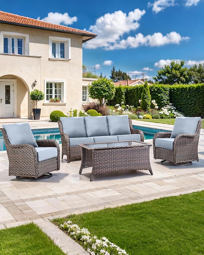 Luxury 22x24/22x25 6-Inch Outdoor Seat Cushions - Set of 2 Water Resistant Patio Chair Comfortable Cushion for Rattan Dining Rocker Glider Chairs Loveseat Couch Sectional Sofa - Baby Blue