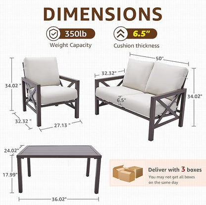 NATURAL EXPRESSIONS 4 Pieces Patio Furniture Sets,Outdoor Sectional Metal Furniture Conversation Set with Loveseat Chair,2 Single Chairs 1 Metal Table,6.5" Beige Cushions for Yard,Garden