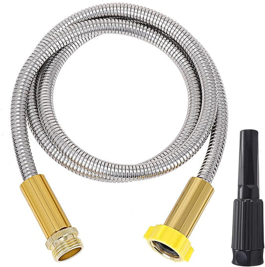 FOXEASE Metal Garden Hose 5FT - Short Hose Stainless Steel Heavy Duty Water Hose with Solid Adjustable Nozzle Portable & Lightweight Kink Free Yard Hose