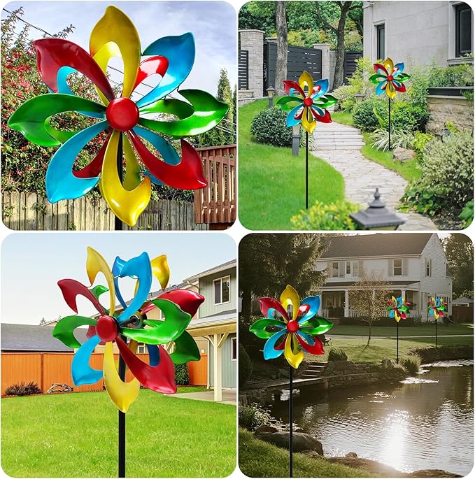 Colorful Metal Wind Spinners for Outdoor - 13 Inch Smooth Spinning Garden Wind Sculptures, Wind-Catcher with Upgraded Stable Stakes for Yard & Patio Decoration