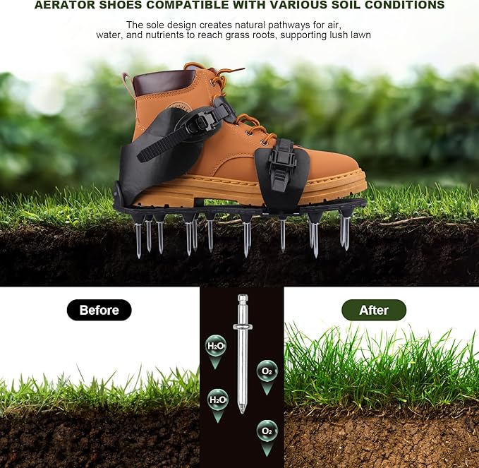 Lawn Aerator Shoes for Grass Spikes Aerator Lawn Shoes for Patio/Yard/Garden Heavy-Duty Spiked Sandals with Adjustable Loop Straps Stainless Steel Black