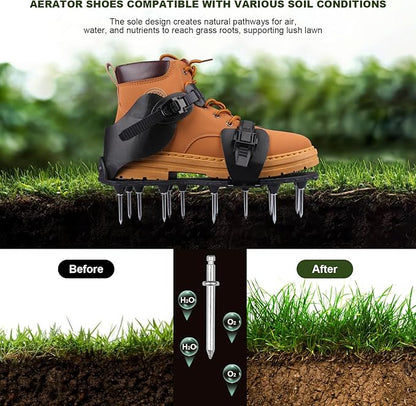 Lawn Aerator Shoes for Grass Spikes Aerator Lawn Shoes for Patio/Yard/Garden Heavy-Duty Spiked Sandals with Adjustable Loop Straps Stainless Steel Black