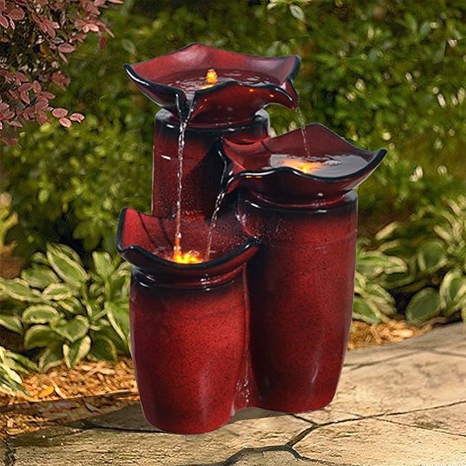 Teamson Home 3 Tiered Floor Water Glazed Pots Fountain with LED Lights and Pump for Outdoor Patio Garden Backyard Decking Décor, 20 inch Height, Gradient Red