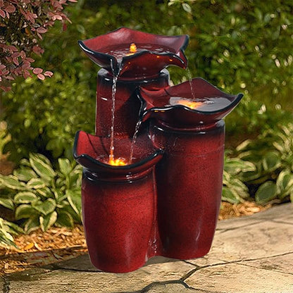 Teamson Home 3 Tiered Floor Water Glazed Pots Fountain with LED Lights and Pump for Outdoor Patio Garden Backyard Decking Décor, 20 inch Height, Gradient Red