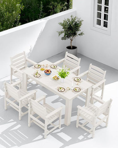 SERWALL Patio Dining Set for 6, Outdoor Dining Sets for 6 Person with 1 Umbrella Hole Cut-Out Rectangular Table and 6 Chairs, HDPE Dining Sets for Garden, Backyard, Poolside, White