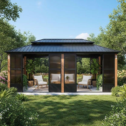 PURPLE LEAF 12' X 20' Sunroom Patio Hardtop Gazebo Double Top Galvanized Steel Screen House Aluminum Sun Room Outdoor Solarium for Garden Backyard