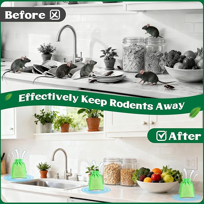 Mouse Repellent Pouches, 24PCS Peppermint Oil to Repel Mice and Rats, Rodent Repelling Packs, Natural Rat Deterrent, Indoor & Outdoor Use, Family & Pet Safe