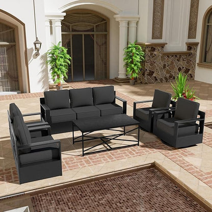 6 PCS Aluminum Patio Conversation Set - 3-Seater Sofa, 2 Swivel Chair, 2 Fixed Chair, 1 Metal Table with 6" Thick Water-insistant Cushions, All-Weather Use Removable Cover (Grey)