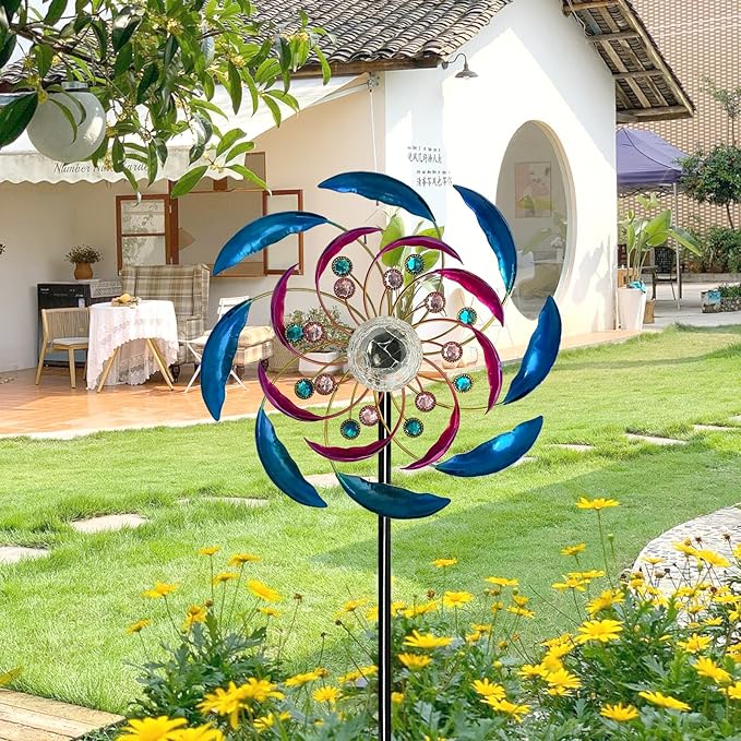 46" Wind Spinners for Yard and Garden with Solar LED Light, Metal Kinetic Wind Spinner Outdoor Decor, Wind Sculpture Yard Art Decorations for Patio, Lawn & Garden