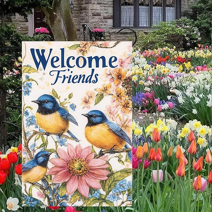 Garden Flag Hello Spring Yard Flag Garden Decoration 12x18 Inch Double Sided Welcome Friends Bluebirds Floral Design Outdoor Yard Banner for Spring and Summer Decoration