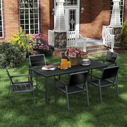 7-Piece Patio Dining Set with 11 FT Curvy Cantilever Umbrella, HDPE Tabletop & Aluminum Frame All-Weather Outdoor Furniture for Garden, Backyard, Poolside, Black