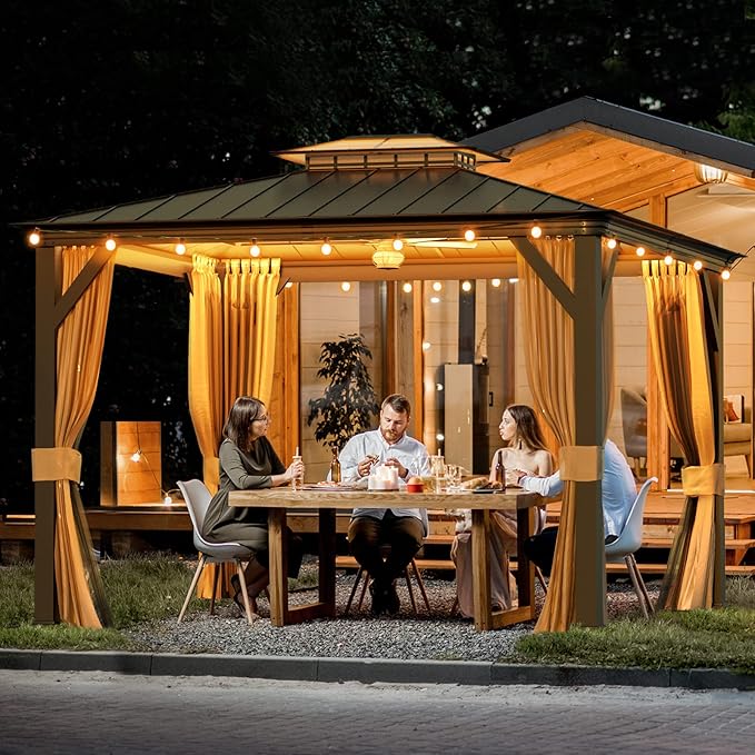 YOLENY 12'x10' Hardtop Gazebo, Outdoor Canopy Gazebos wtth Acrylic & Galvanized Steel Roof,Aluminum Frame with Curtains and Netting, Sunshade for Garden, Patio, Lawns Black