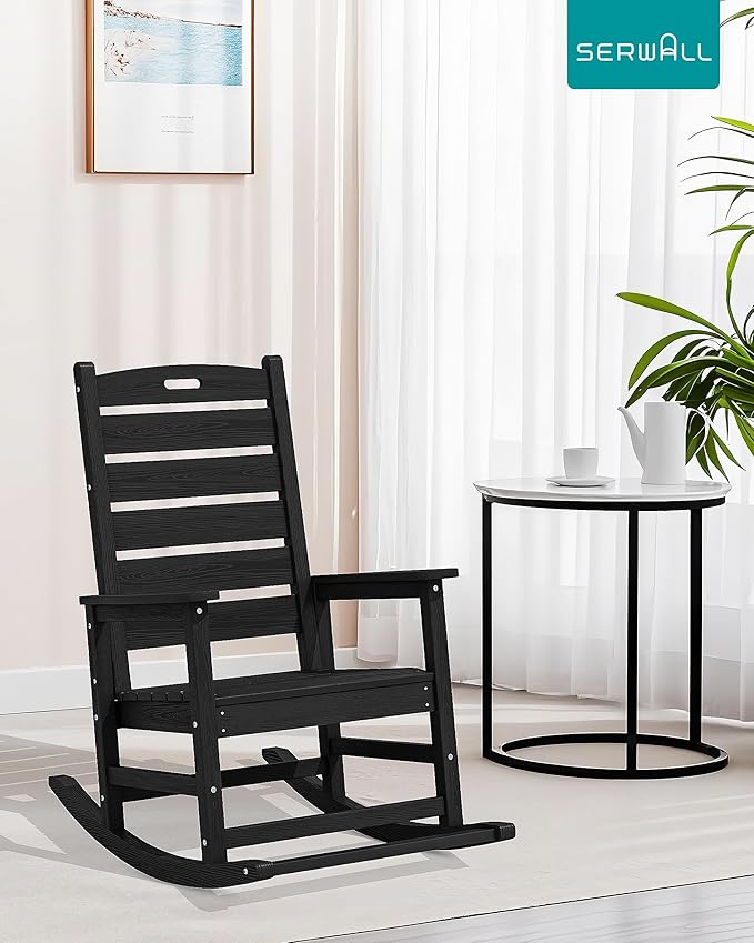 SERWALL Outdoor Rocking Chair Set of 2, Oversized Rocking Chair with Footboard for Adults, HDPE All Weather Rocking Chairs for Patio, 350lbs Weight Capacity, Black