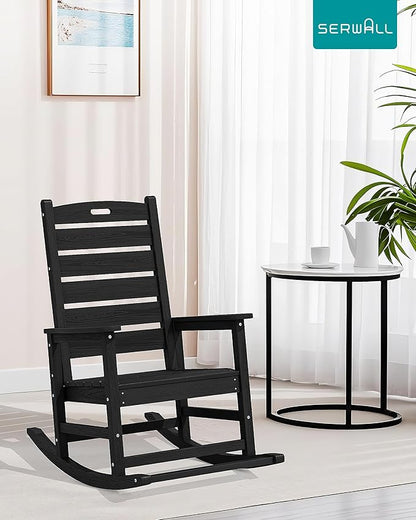 SERWALL Oversized Outdoor Rocking Chair, HDPE Patio Rocking Chair with Footboard for Adults, All Weather Porch Rocker for Deck Patio Balcony, Black