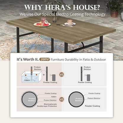 HERA'S HOUSE 7-Piece Outdoor Dining Set for 6, 64" Weather-Resistant Metal Patio Table with 6 Foldable Blue Chairs, Perfect for Garden, Backyard, Porch & Lawn (Space-Saving Design)