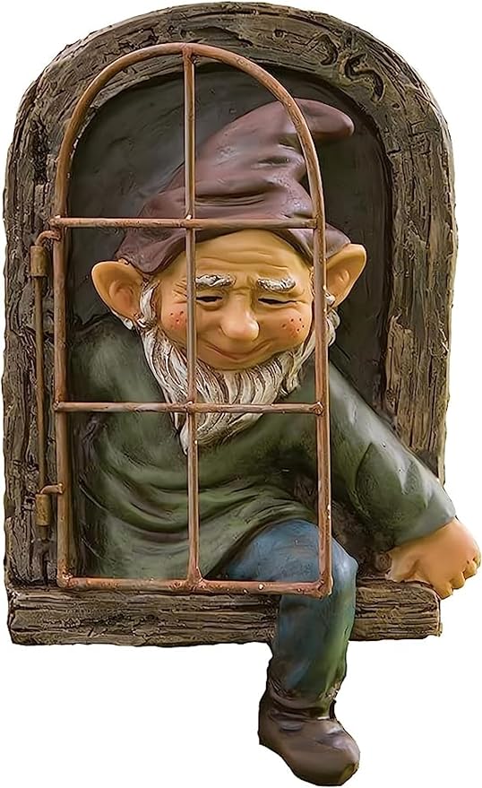 12 Inch Garden Gnome Statue Elf Outdoor Tree Sculpture, Elf Out The Door Tree Hugger, Funny Garden Yard Art Wall Fence Sculptures