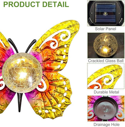 Solar Lights Outdoor Garden Butterfly Decor, Metal Butterfly Statue Decoration with LED Crackle Glass Globe, Solar Powered Lighted Garden Art Decor for Patio Lawn Yard Pathway Tabletop Ground