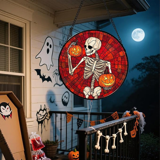 Stained Glass Window Hanging - Halloween Decorations Skeleton Pumpkin Suncatcher for Doors Garden Indoor Spooky Funny Sun Catchers Gothic Decor Horror Gifts for Women Men Friend 11.8 in