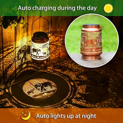 Elephant Solar Lanterns Outdoor Waterproof Hanging Solar Lights Elephant Gifts for Women Men Metal Decorative LED Lanterns for Yard, Patio, Lawn, Tabletop, Pathway, Landscape, Garden Decor