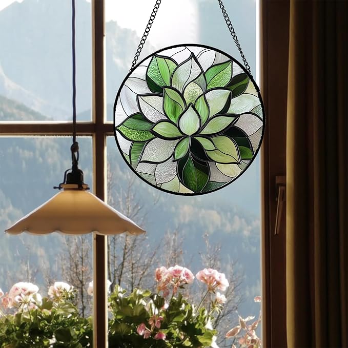Stained Glass Window Hanging - Green Succulent Plants Suncatcher for Doors Garden Patio Floral Sun Catchers Decor Christmas Mother's Day Birthday Gifts for Women Men Mom Nana Friend 6.3 in