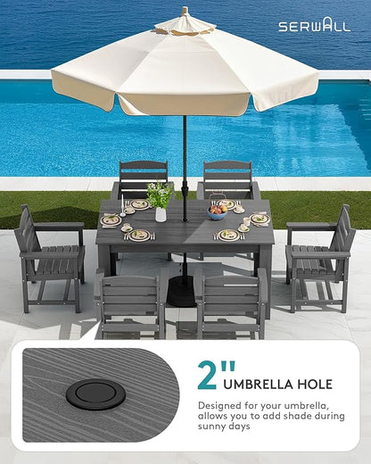 SERWALL Patio Dining Set for 6, Outdoor Dining Sets for 6 Person with 1 Umbrella Hole Cut-Out Rectangular Table and 6 Chairs, HDPE Dining Sets for Garden, Backyard, Poolside, Gray