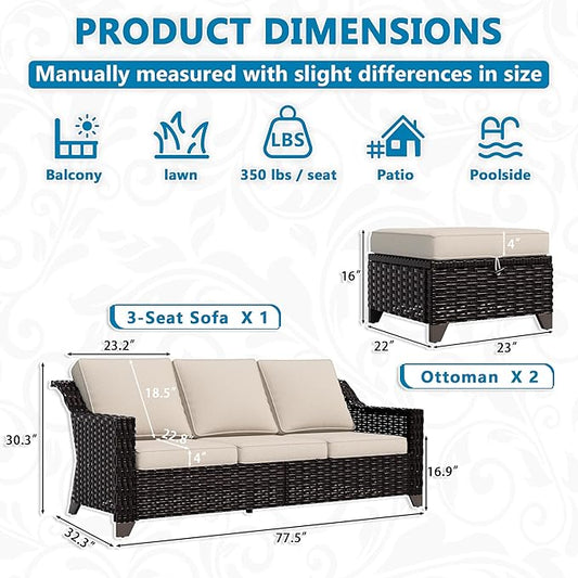Vista Vibe 3 Pieces Outdoor Patio Conversation Furniture Set - 78" 3-seat Sofa | 2 Wicker Ottomans, Deep Seat Loveseat with Removable Cushions, Hand-Woven PE Rattan Couch, Lawn (Brown/Beige)
