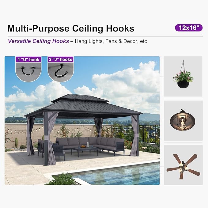PURPLE LEAF 12'x16' Hardtop Gazebo with Lights Permanent Aluminum Double Roof on Galvanized Steel Frame Outdoor Patio Gazebo Including Netting and Curtains for Backyard Lawn Garden Grey