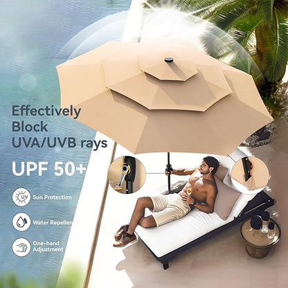 PHI VILLA 10ft Patio Umbrella with Solar Lights, Outdoor 3 Tier Vented Large Market Table Umbrella with 8 Sturdy Ribs and 1.5" Umbrellla Pole for Lawn Poolside Garden Terrace, Beige