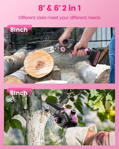 Mini Chainsaw Cordless, 8 inch & 6 inch Electric Chain Saw with 2 Pack Rechargeable Batteries, Battery Powered Handheld Saw Men Gifts for Trees Branches Trimming Wood Cutting, Pink