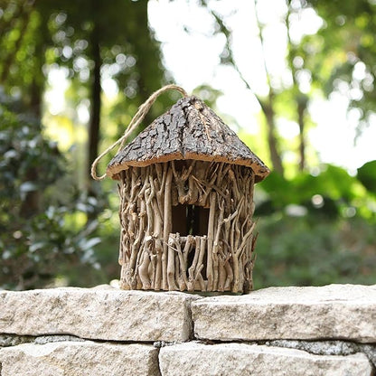 Twig-Covered Cylinder Birdhouse, 2.4" Entry for Medium Birds, Natural Branch Exterior & Waterproof Interior, Woodland Garden Backyard Decor