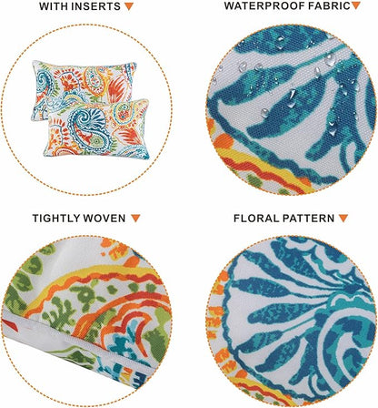 Outdoor Lumbar Pillows Waterproof Set of 2 Decorative Pillows with Inserts 12×20 Inch Outdoor Pillow for Patio Furniture (Paisley Print)