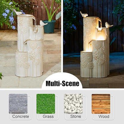Glitzhome 31.75" H Outdoor Water Fountain with LED Lights and Pump, 4 Tier Dandelion Texture Vase Shaped Ceramic Floor Standing Fountain with Birds for Porch Deck Garden Patio Backyard, Sand Beige