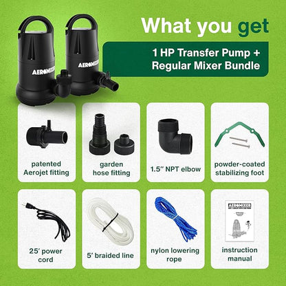 Aeromixer Regular 3/4 HP Submersible Mixing + Aerating Pump with 1 HP Water Transfer Pump Bundle - Water Aerator & Garden Utility Pumps, Nutrient Mixing & Aeration Pumps for Farming & Gardening