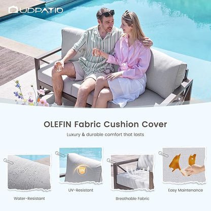 UDPATIO 4 Piece Faux Wood Aluminum Patio Furniture Set Modern Patio Conversation Set with Coffee Table for Balcony, Backyard, Deck, 600D Waterproof Furniture Cover Included, Light Grey