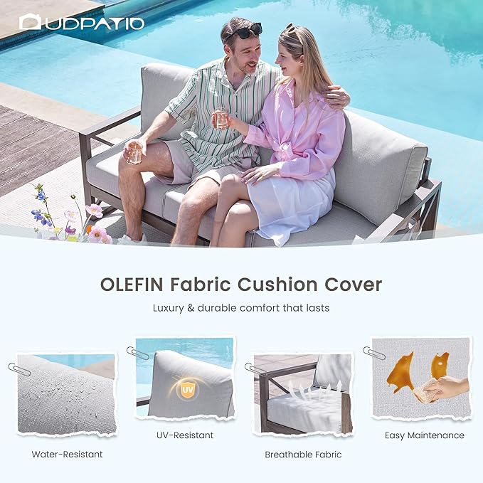 UDPATIO 5 Piece Aluminum Patio Furniture Set with Fire Pit Table, Faux Wood Patio Conversation Set with 6" Olefin Cushions, Aluminum Outdoor Furniture, 600D Waterproof Cover Included, Light Grey