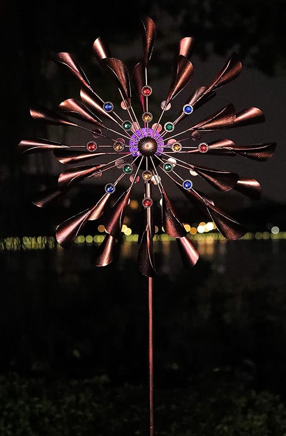 Large 79In Copper Kinetic Wind Spinner Multi-Color Seasonal LED Lighting Solar Powered Glass Ball Metal Wind Catchers Spinner for Patio Lawn & Garden Decorations