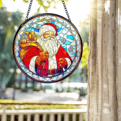 kdqua Christmas Santa Suncatcher Stained Glass Window Hanging, Winter Xmas Santa Claus Sun Catchers Indoor Window Glass Round Wall Decor, Christmas Wall Art Hanging Decorations Statues, 7.9x7.9in