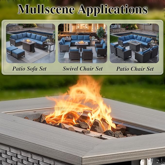 HUMMUH 7 Piece Patio Furniture Set with Fire Pit 41in 55,000 BTU,Wicker Outdoor Conversation Sets - Patio Swivel Chairs Sofa Ottomans,Side Table for Porch,Garden,Backyard