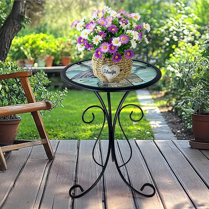 HONGLAND Outdoor Side Table, Small Outdoor Table, 12" Round Patio Side Table End Table, Glass Plant Stand, Small Bistro Coffee Table for Garden Patio Porch Living Room (Pelican)