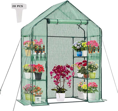 Walk-in Greenhouse 3 Tiers 6 Shelves Roll-Up Zipper Door -28x56x76 inch PE Greenhouse Cover for Outdoor Plant Gardening Plants Cold Frost Protection Wind Rain Proof(PLGHW001G-N)
