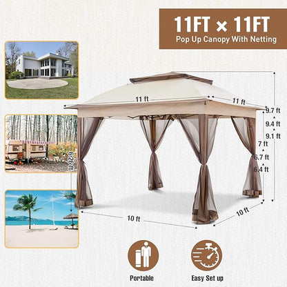 11x11 Outdoor Pop up Gazebo Tent with Mesh Walls for Patio, Lawn, Backyard and Deck, Beige